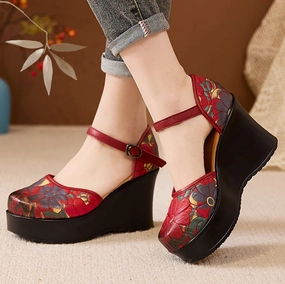 Women's Ethnic Style Retro Genuine Leather Printed Wedge Sandals hassle-free Durable Material