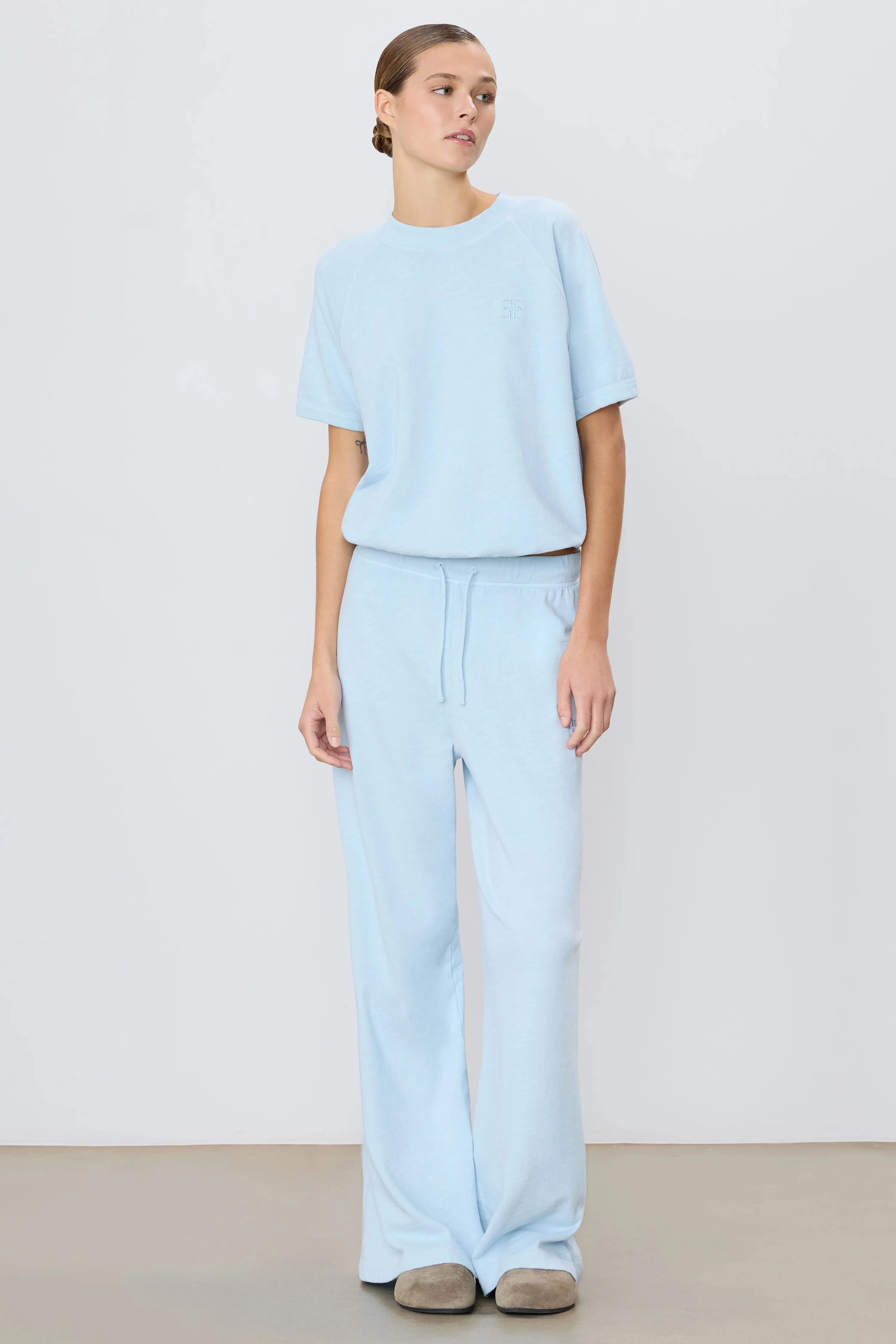 Drawstring Wide Leg Sweatpant in Dusty Blue Casual Trousers