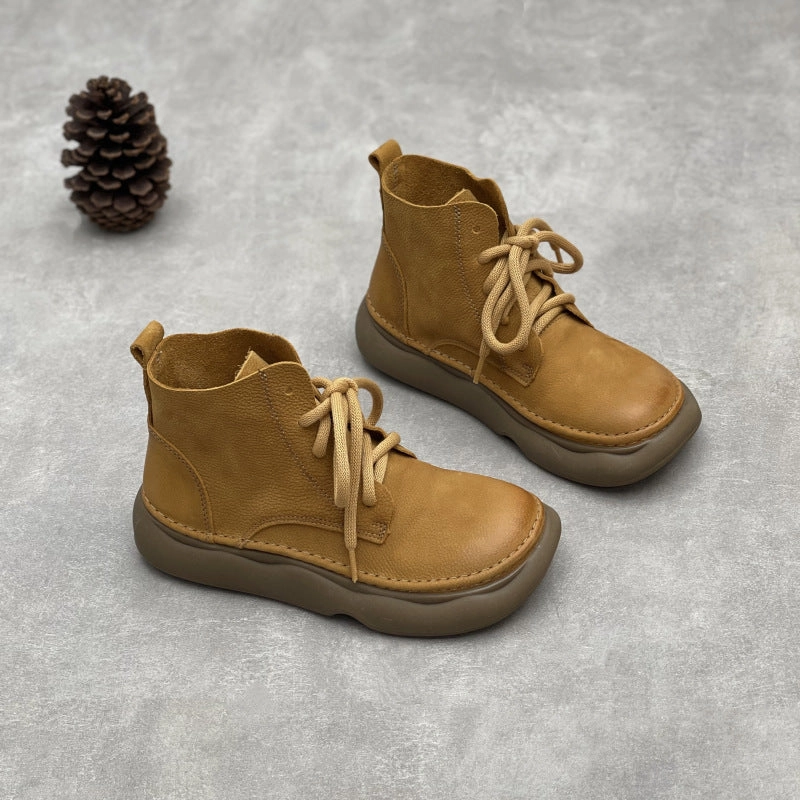 Women Retro Leather Wide Toe Lace Up Ankle Boots autumn - style