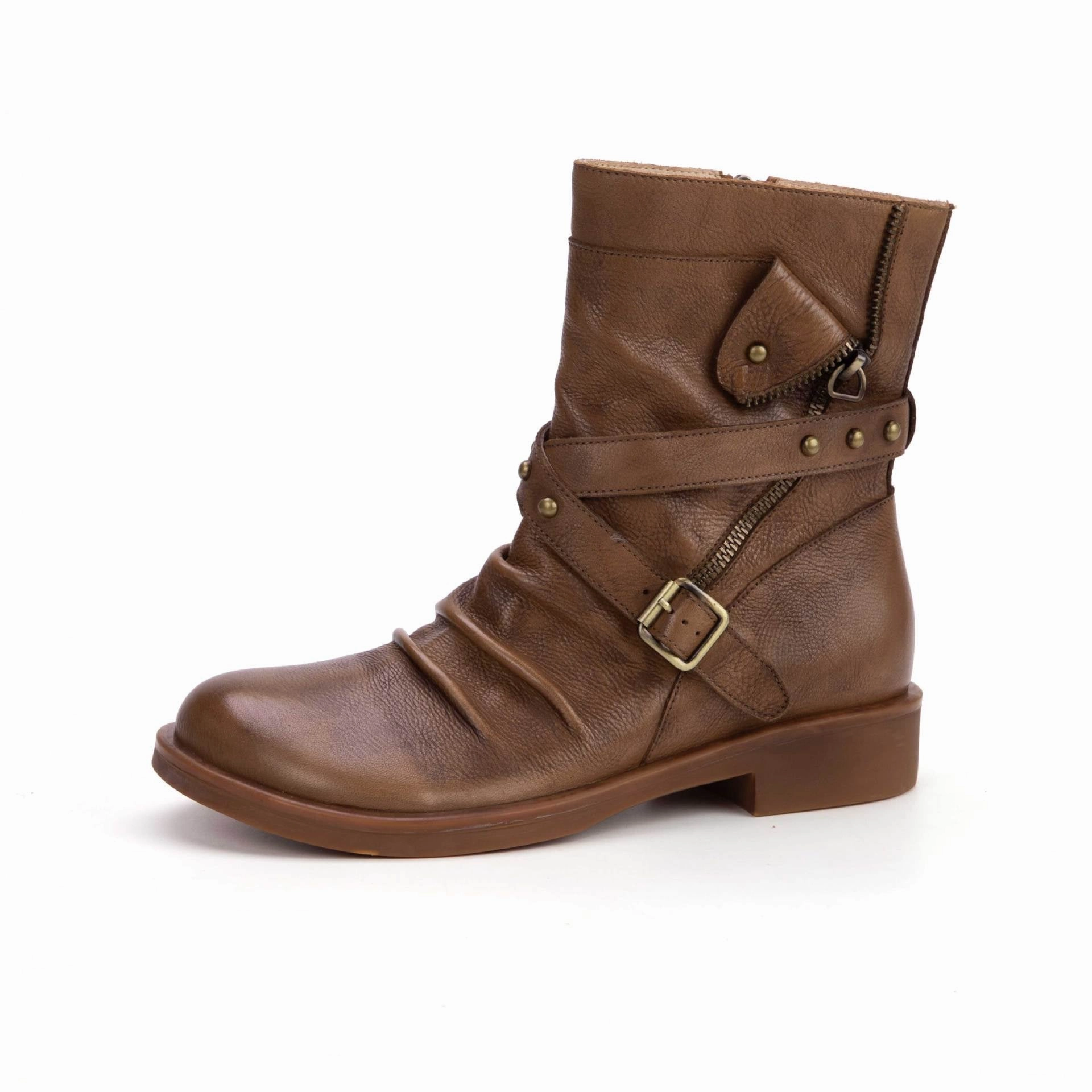 Leather Distressed Western Cowgirl Boots Belt Buckle Ankle Boots squash Footbed