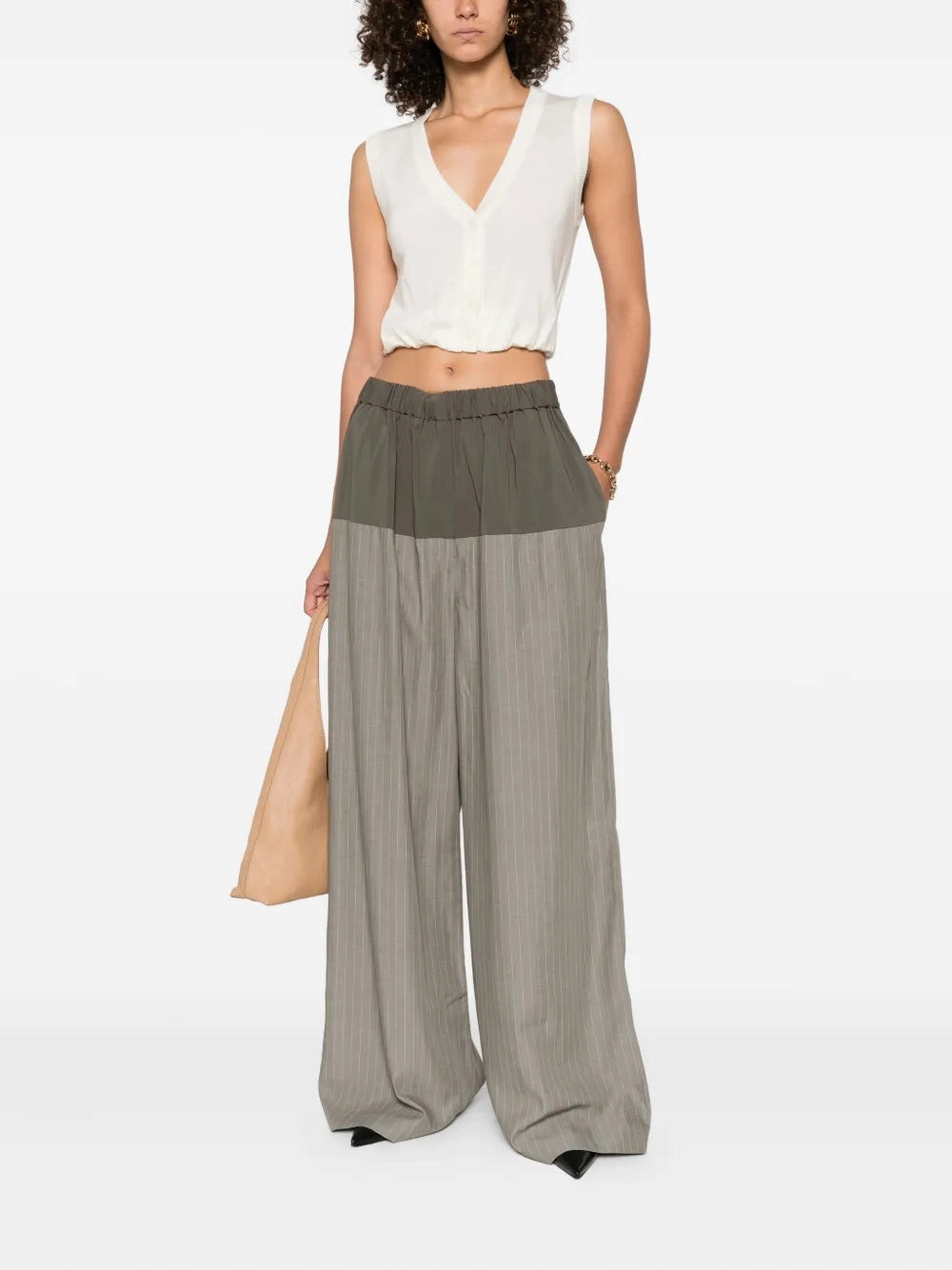 Comfortable Jumpsuit Jump Core Relaxed Splice Pants in Khaki Pinstripe
