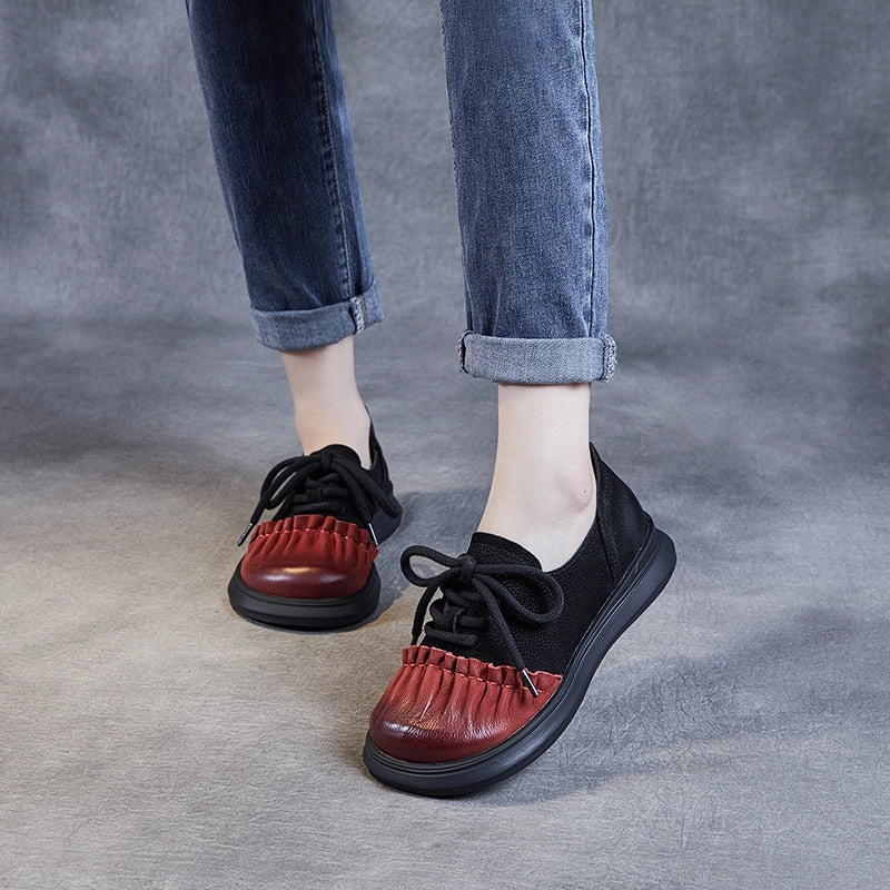 Seamless grip runners - specific benefits Women Retro Color Block Ruffled Casual Leather Shoes
