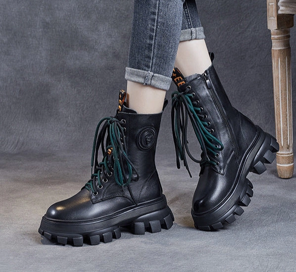 skaters Retro Classic Chunky Heel Leather Mid-Calf Boots for women