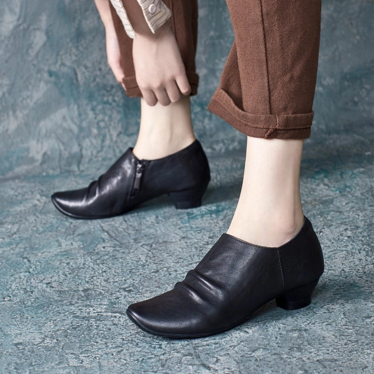 cycling - specific advantages Collapsible Heel Retro Curved Toe Ruched Leather Ankle Shoes for Women