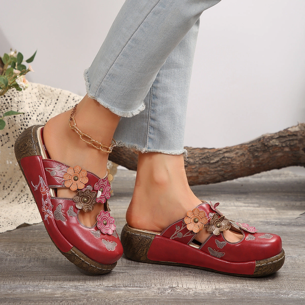 Odor Control Materials Odor Resistant Technology Retro Ethnic Flower Handmade Thick- Soled Sandals for Women