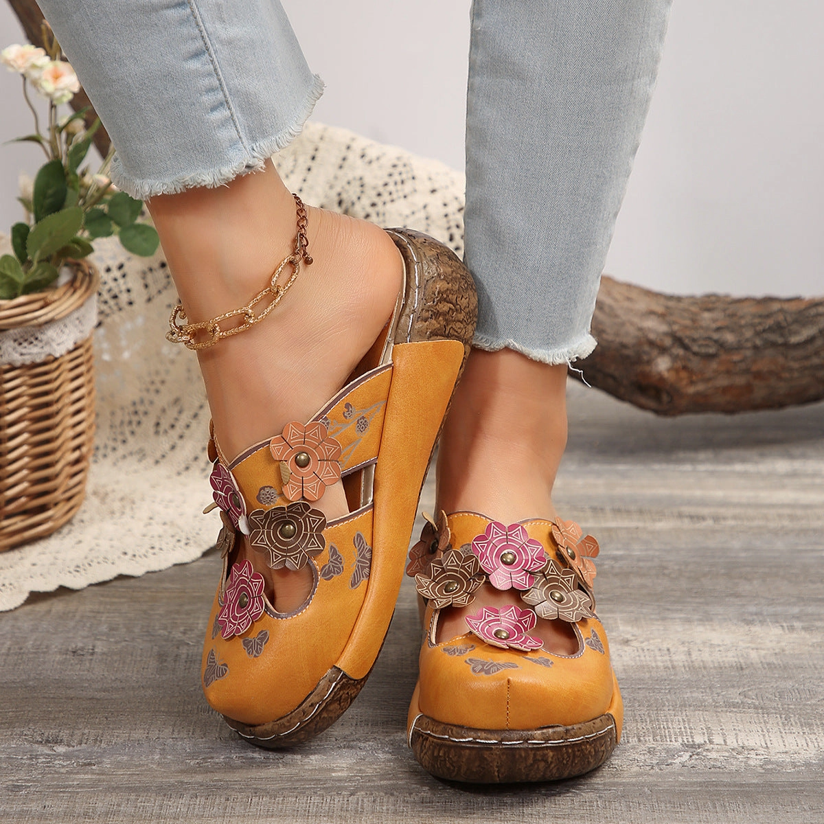 Retro Ethnic Flower Handmade Thick- Soled Sandals for Women Genuine basketball - style
