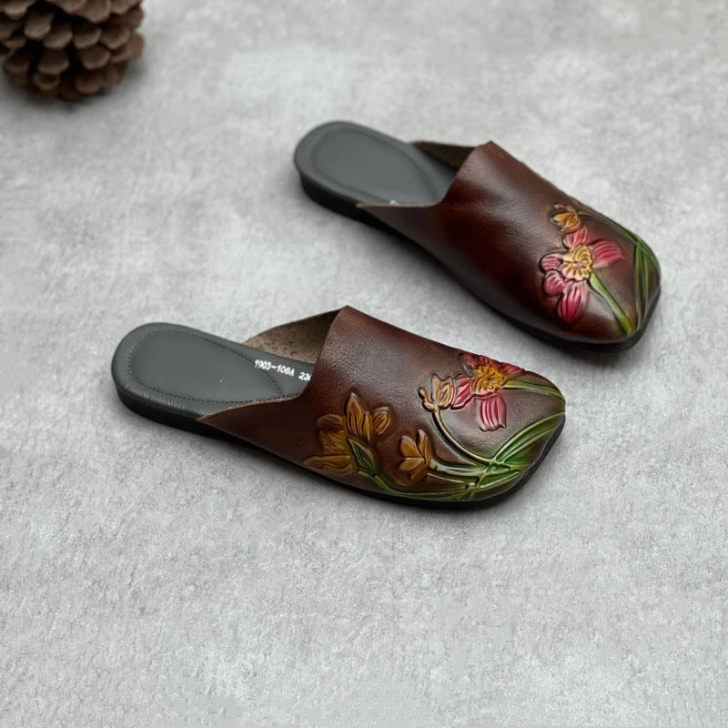 Retro Ethnic Style Embossed Flat Genuine Leather Slippers enchanting