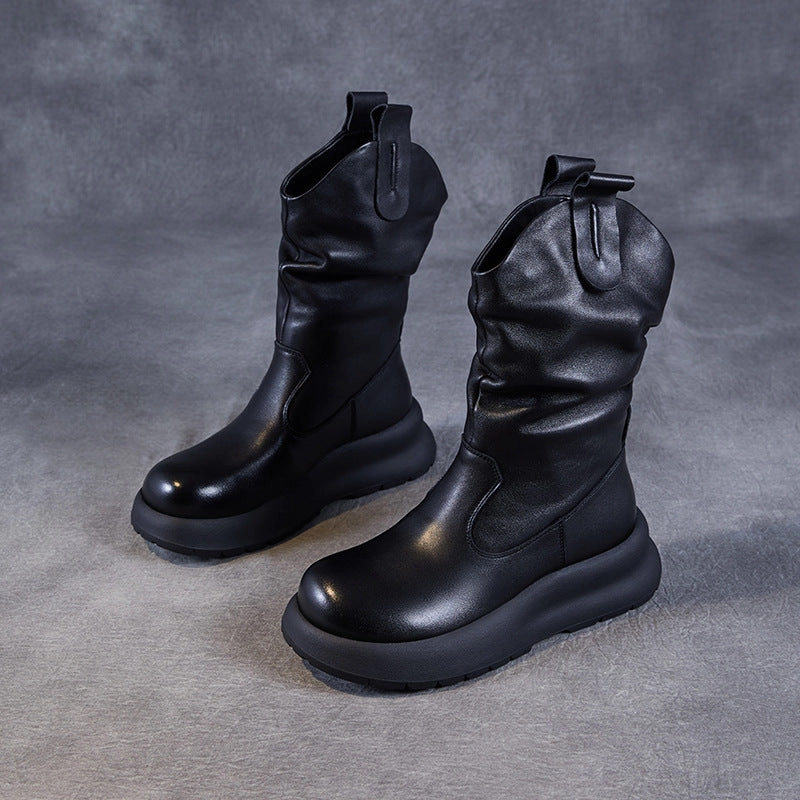 Babakud Autumn Top Leather Casual Round Toe Mid-Calf Boots toe roomy Tear Resistant Fabric