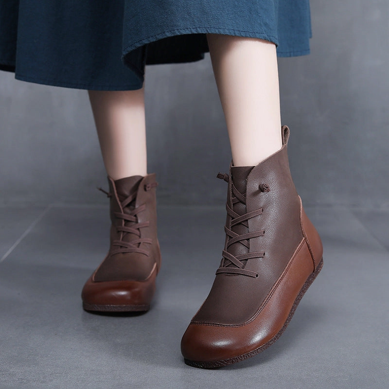 Pressure Relief Footbed Shear Reducing Liner Women Autumn Winter Retro Color Block Lace Up Boots