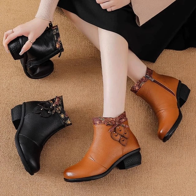 Retro Leather Patchwork Chunky Versatile Zipper Ankle Boots shock - absorbing sole Seamless Upper