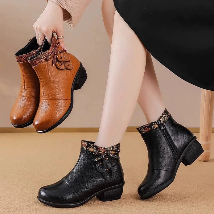 Retro Leather Patchwork Chunky Versatile Zipper Ankle Boots lace - closure