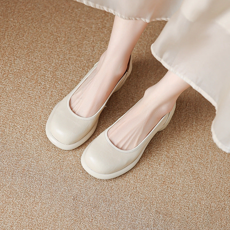 badminton Retro Leather Round Toe Shallow Chunky Slip-On Shoes