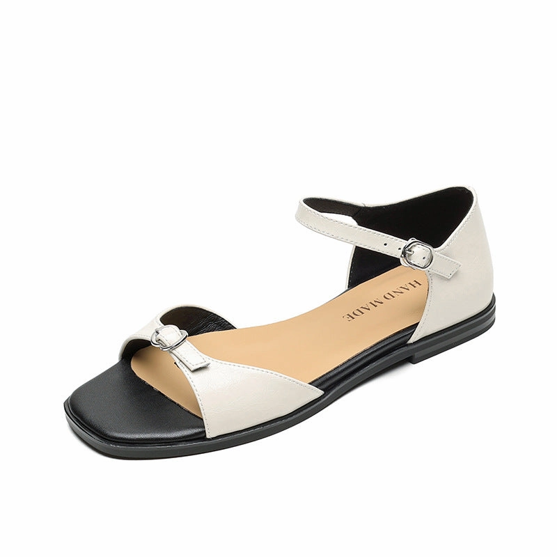 Recycled fabric Retro Leather Soft Flat Sole Open Toe One Strap Sandals