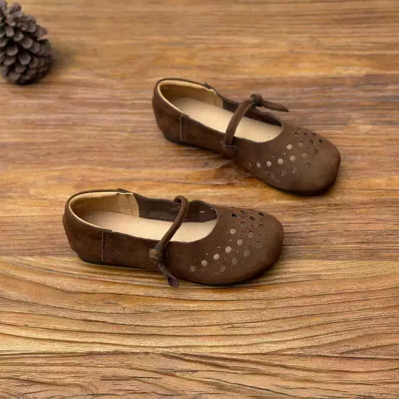Retro Summer Leather Breathable Hollow Round Toe Soft Shoes common greatest
