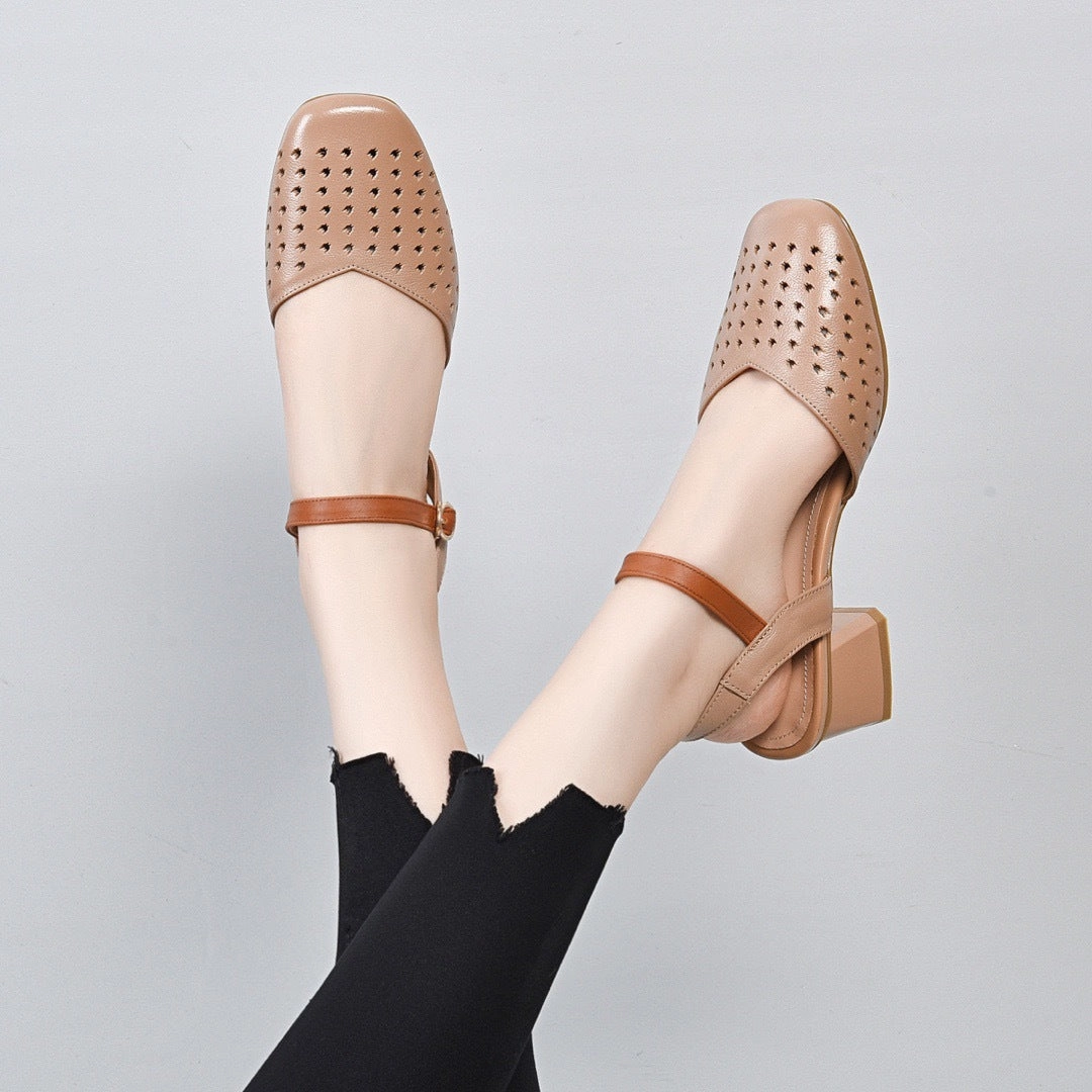 Retro Top Leather Hollow One Straped Chunky Sandals closed - toe