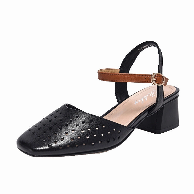Retro Top Leather Hollow One Straped Chunky Sandals Fashion-Forward Look sunny