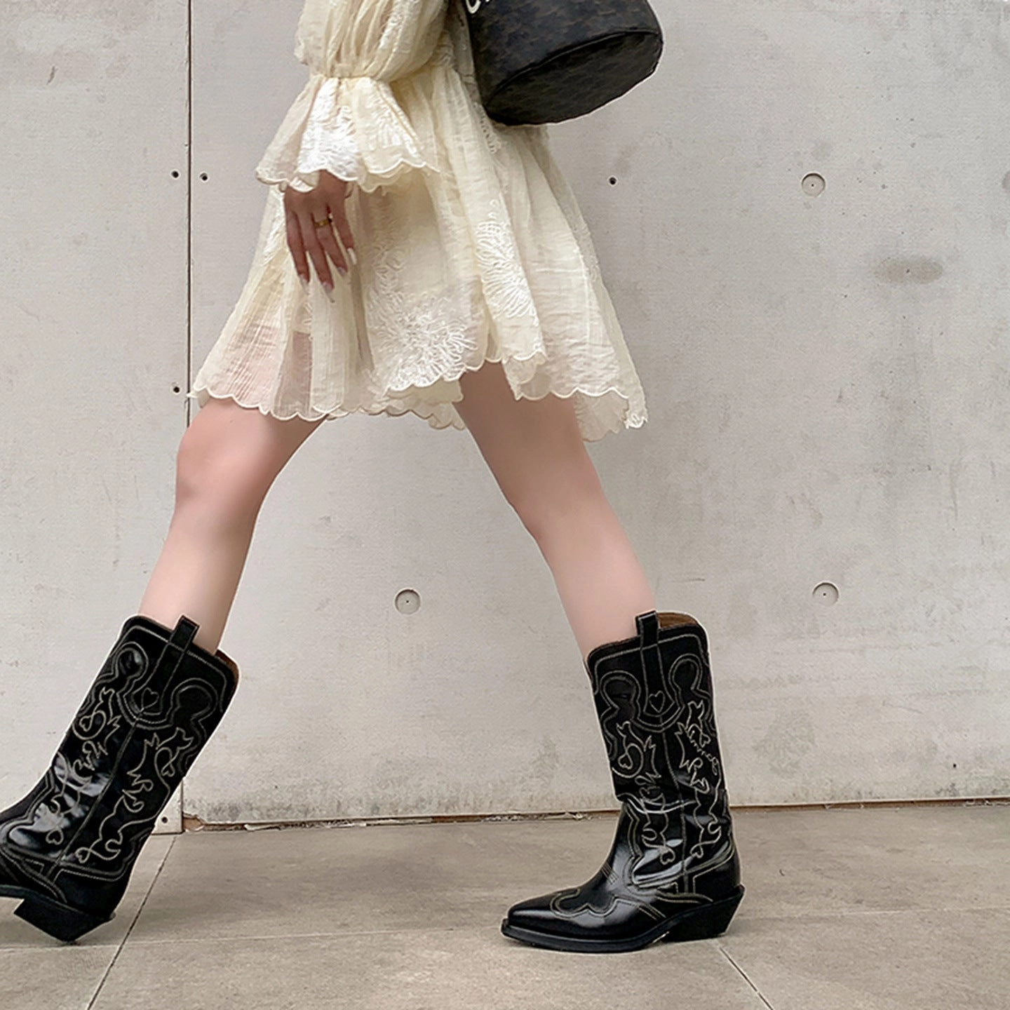 street walkers funky Retro Vintage Genuine Leather Pointed Toe Patchwork Boots