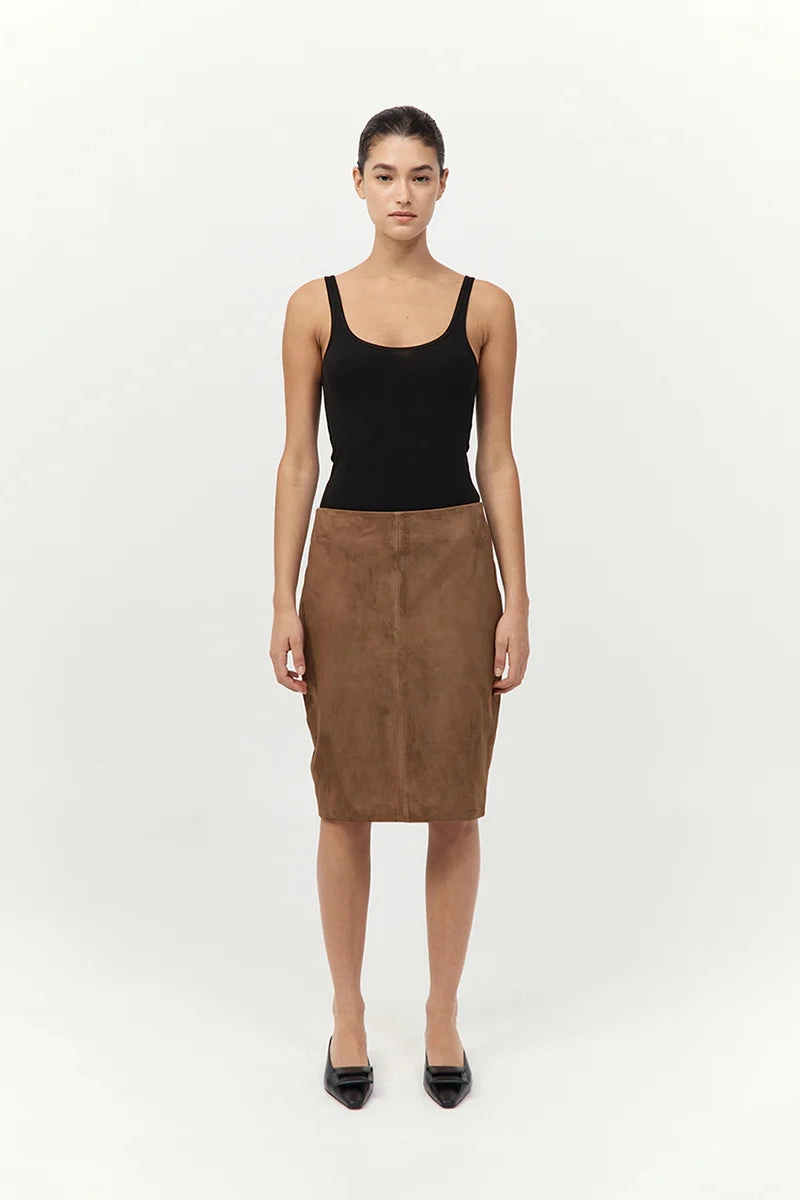 Suede Pencil Skirt in Toffee Aerated Seam Placement