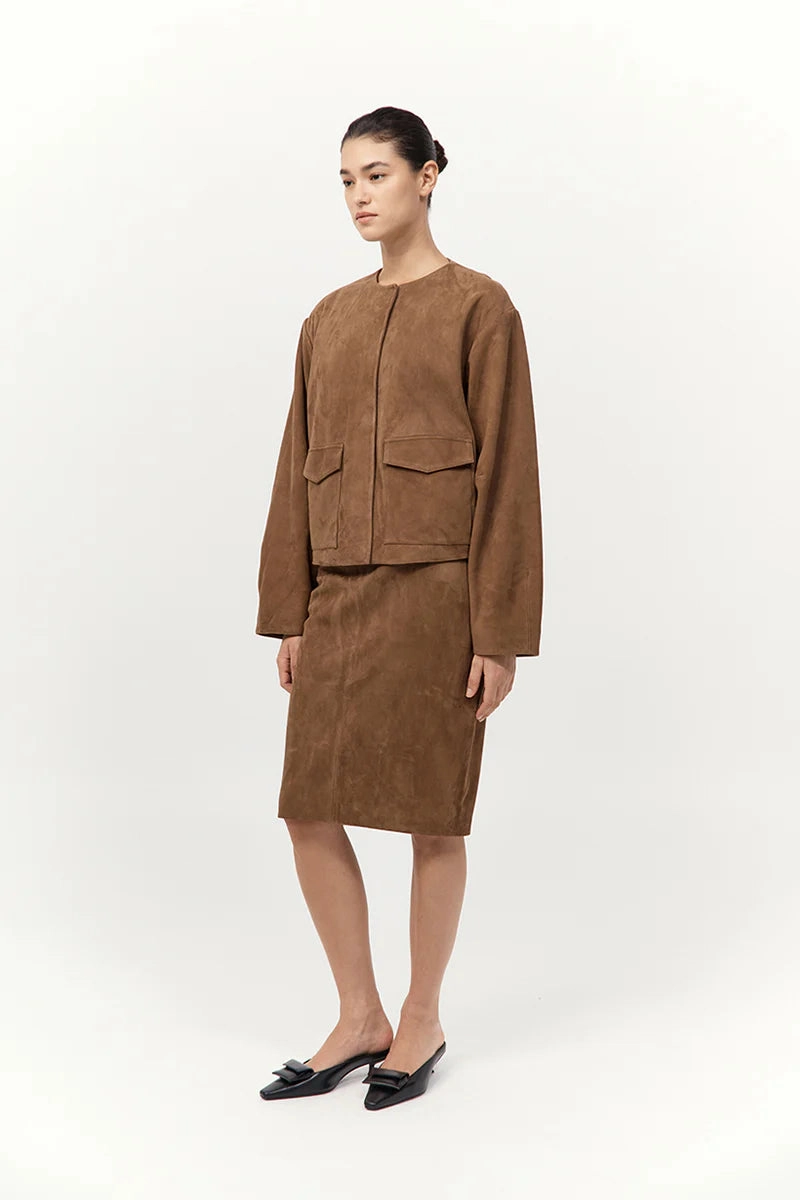 PreShrunkFabric LowProfile Fasteners Suede Pencil Skirt in Toffee