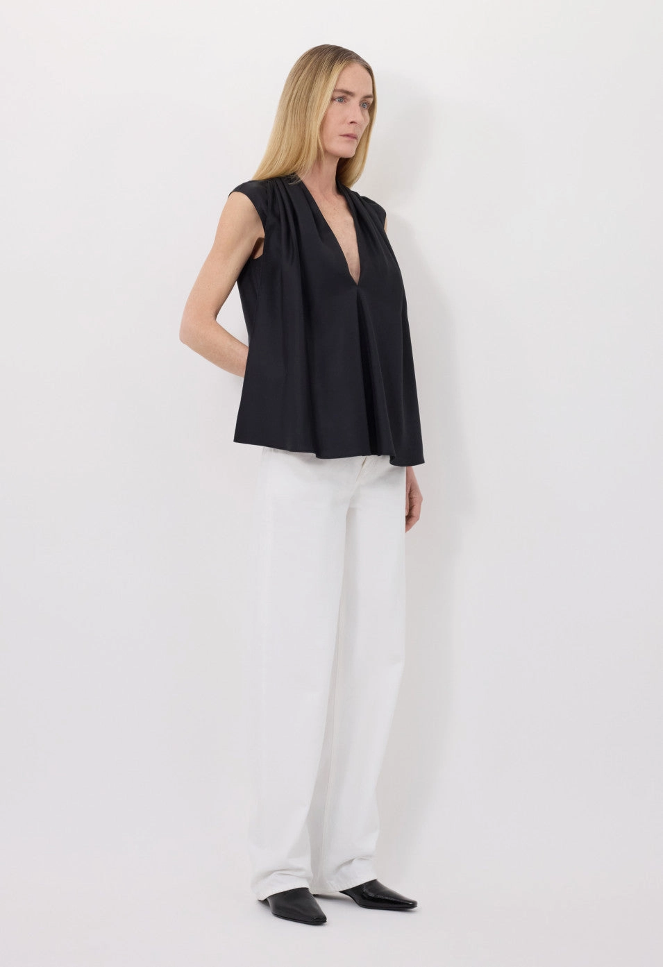 Sade Sleeveless Silk Top in Black Carry Ease Laid-Back Outfit