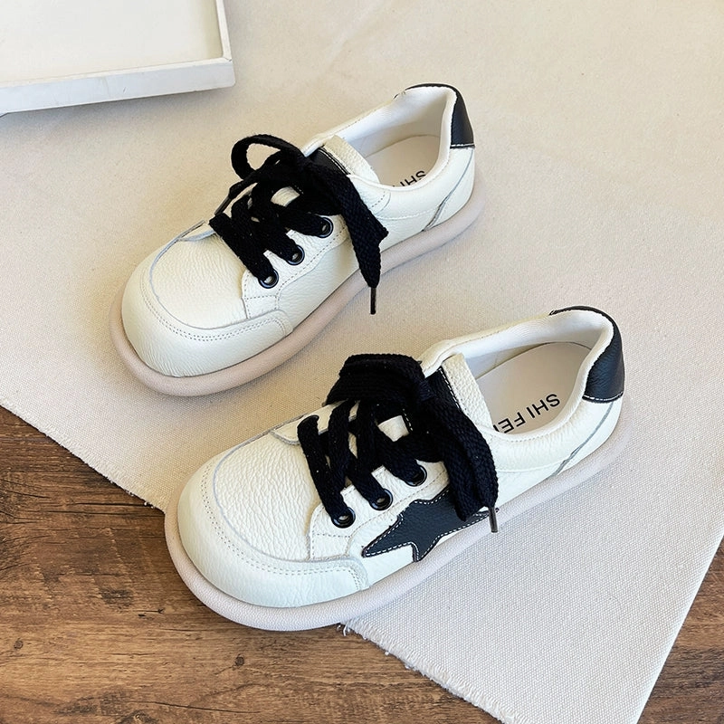 Babakud Casual Leather Patchwork Soft Flat Sole Lace Up Sneakers Recycled Rubber Base