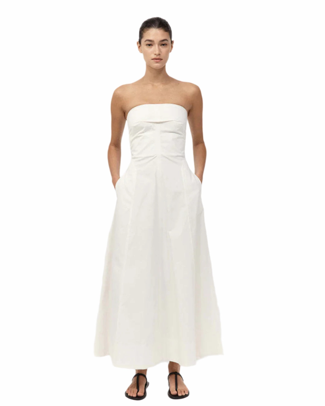 River Core StretchableMaterial Sculpted Cotton Strapless Dress in Milk