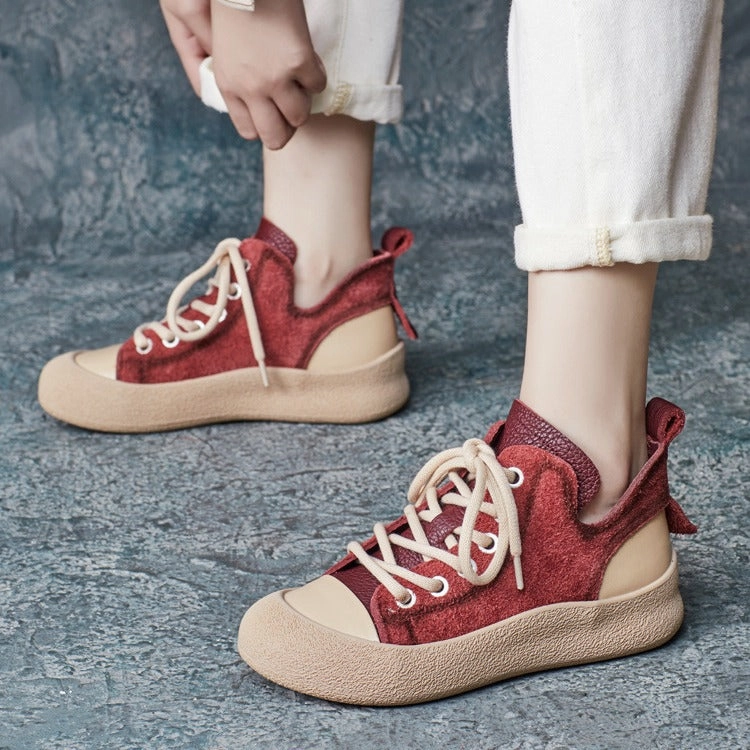 Casual Autumn Lace Up Color Block Leather Shoes rubber