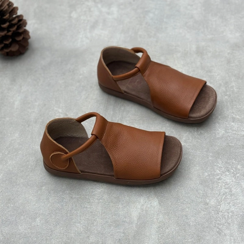 Vintage Soft Leather Peep Toe Sandals Comfortable Summer Flats Toddler Impact Resistant Toe