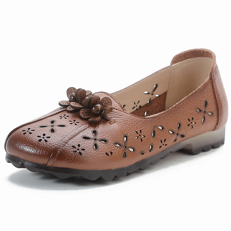 Women Retro Genuine Leather Soft Sole Hallow Flower Flats Blown Rubber Outsole High-performance