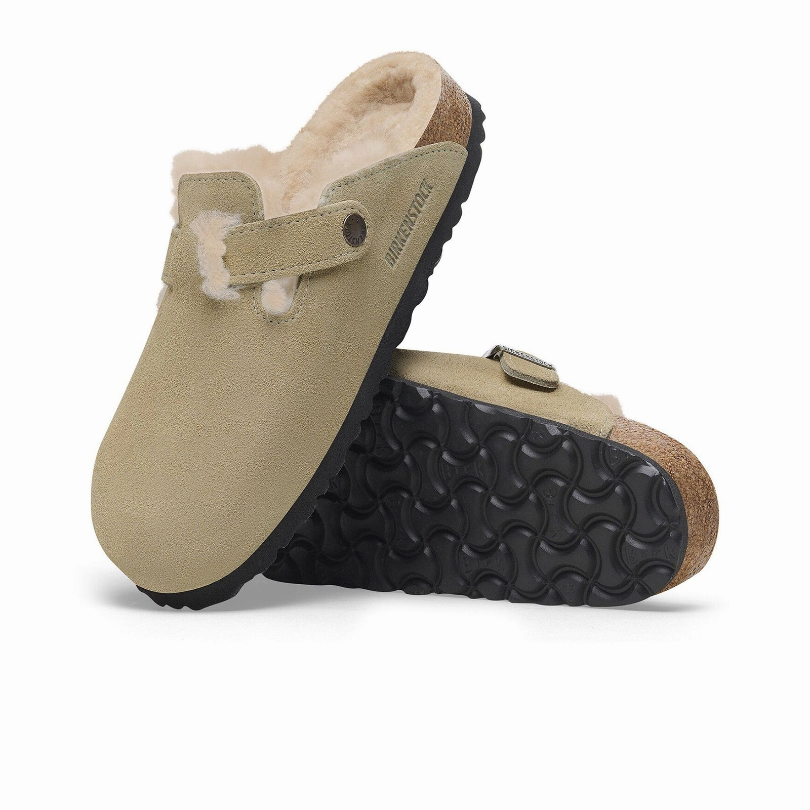 Birkenstock Boston Narrow Clog (Women) - Taupe Suede/Sandcastle Shearling Layered Comfort Wear Radiant Mood