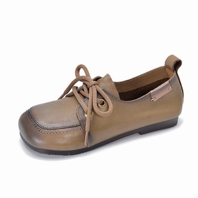 Women Spring Retro Style Soft Cowhide Lace Up Flat Shoes chief