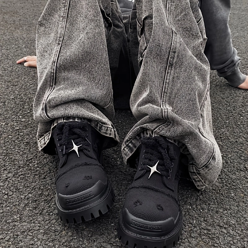 Men's Stylish Star Design Platform Derby Shoes - Casual & Business-Ready, Black with White Rubber Sole, Round Toe, Lace-Up, Perfect for Parties, Outdoor Activities & Everyday Streetwear Reinforced Stitching Compression Molded Foam