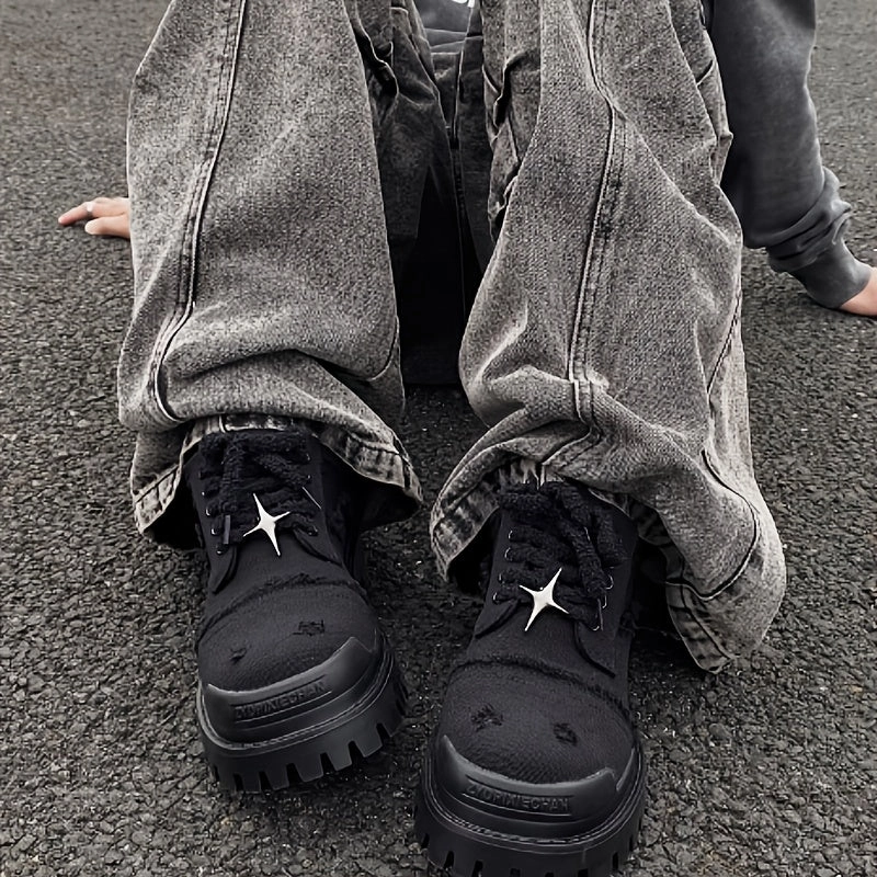 Men's Stylish Star Design Platform Derby Shoes - Casual & Business-Ready, Black with White Rubber Sole, Round Toe, Lace-Up, Perfect for Parties, Outdoor Activities & Everyday Streetwear basketball players - specific functions