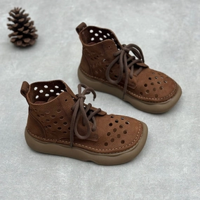 Women Retro Handmade Leather Lace-Up Hollow Out Breathable Boots Non Slip Tread