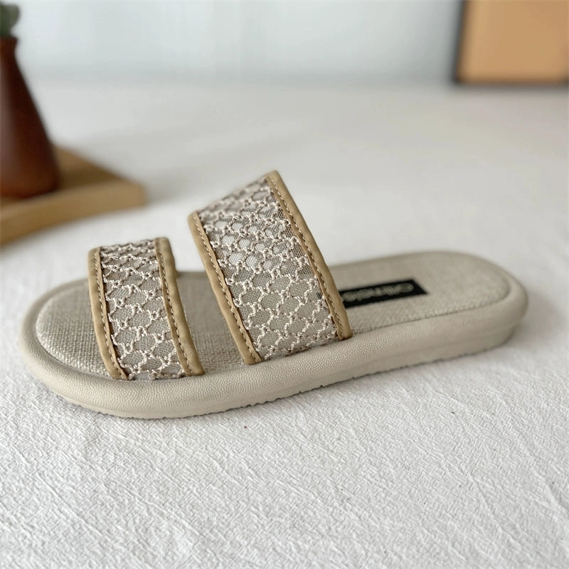 Women Summer Linen One-Strap Open-Toe Flat Slippers wooden Superior shock absorption