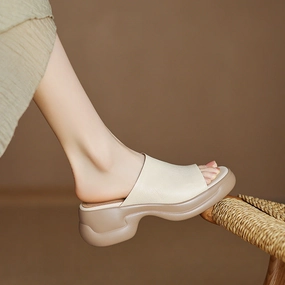 Striped Top Genuine Leather Platform Everyday Open Toe Slippers