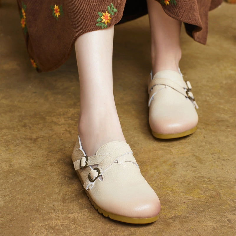 Ladies Retro Comfy Soft Sole Buckle Genuine Leather Casual Shoes Streamlined wear