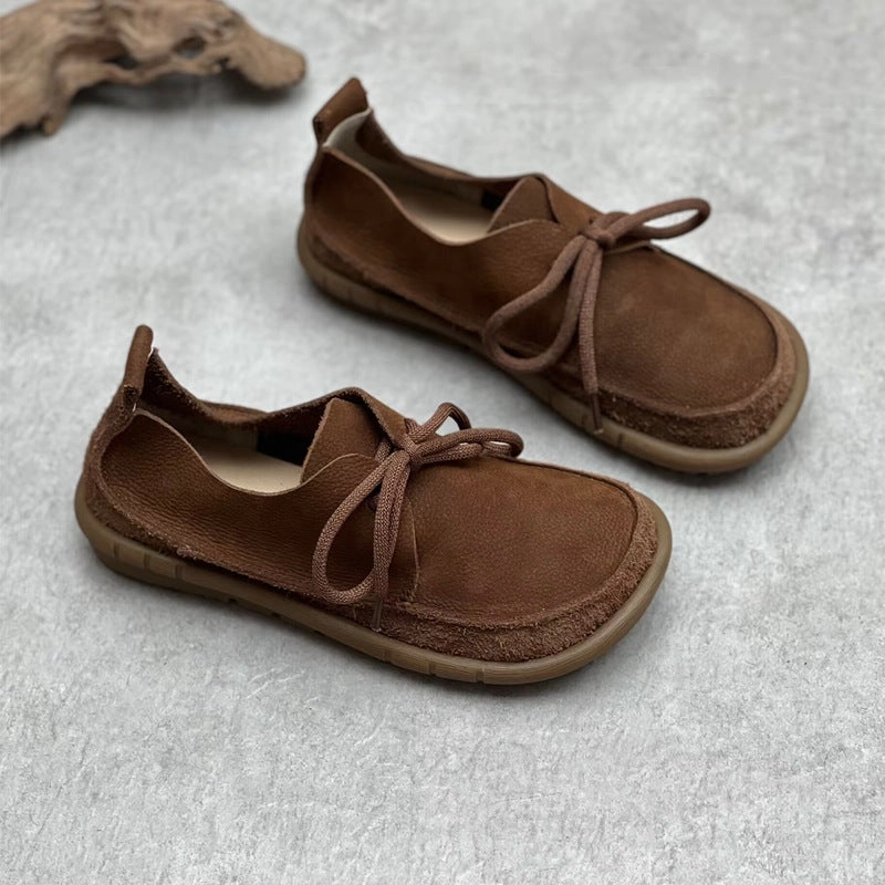 front - zip Ladies Retro Handmade Genuine Leather Lace-Up Suede Flats