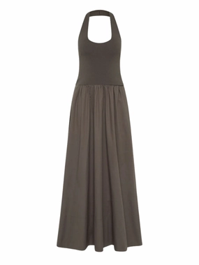 Halter Gathered Dress in Khaki QuickReleaseFastenings
