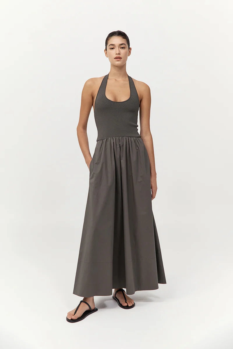 Halter Gathered Dress in Khaki Breathable Style