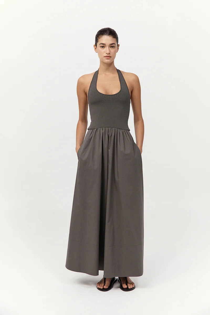 ConvertibleStyle Halter Gathered Dress in Khaki