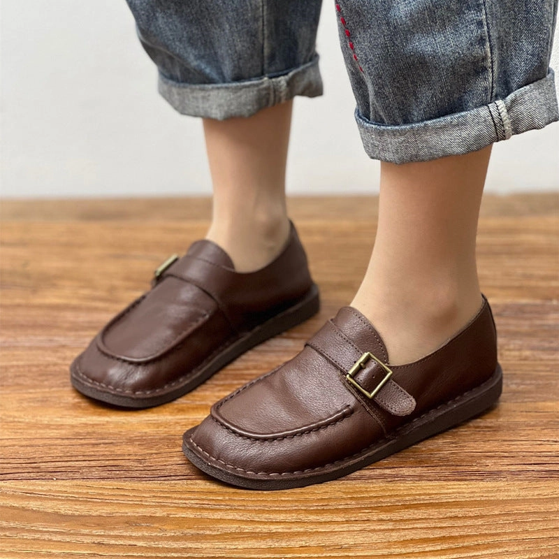 Women Retro Comfortable Soft Flat Coffee Leather Loafers monogrammed