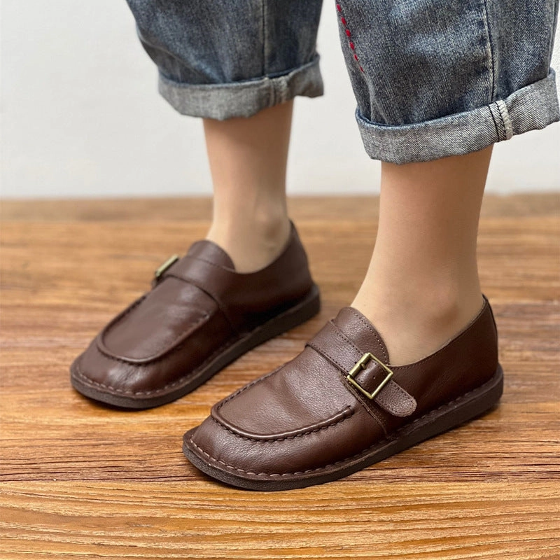 Women Retro Comfortable Soft Flat Coffee Leather Loafers All-around traction Stain-Resistant