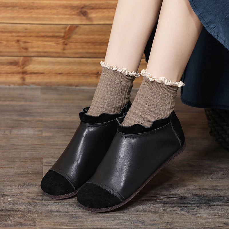 Retro Ruffled Suede Patchwork Leather Ankle Boots Convenient