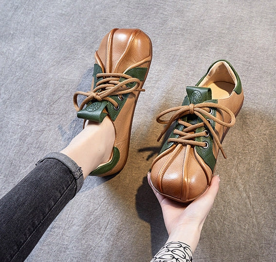 Spring Retro Soft Sole Color Block Lace-Up Leather Casual Shoes running - style Effortless support