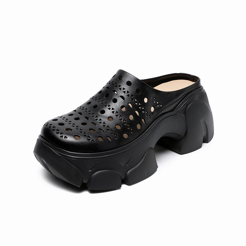 tennis - style Contoured Heel Cup Summer Casual Leather Hollow Chunky Platform Slip On Shoes