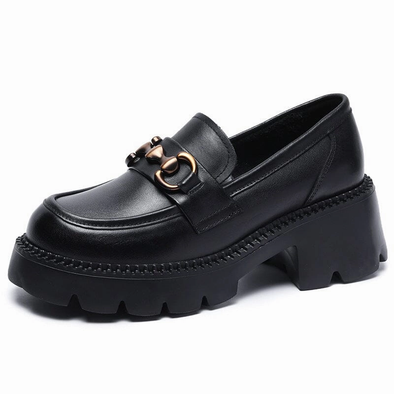 Non Binding Collar Cone Heel Spring Summer Minimalist Leather Chunky Heel Loafers