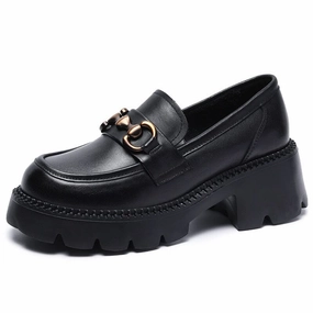 Spring Summer Minimalist Leather Chunky Heel Loafers Supportive grip