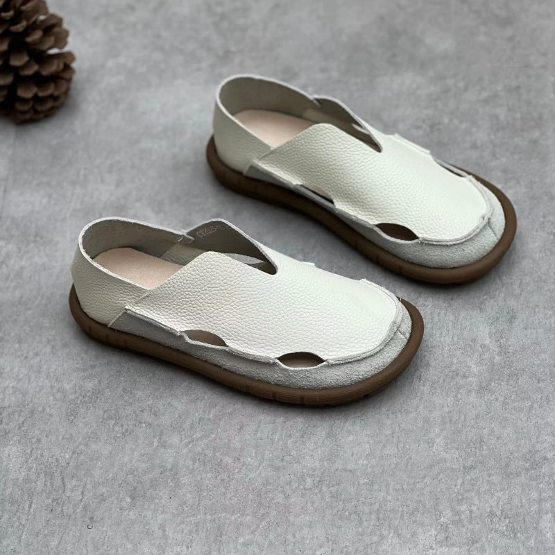 Anti Static Construction Seamless Knit Structure Spring Summer Perforated Minimalist Leather Flat Sandals