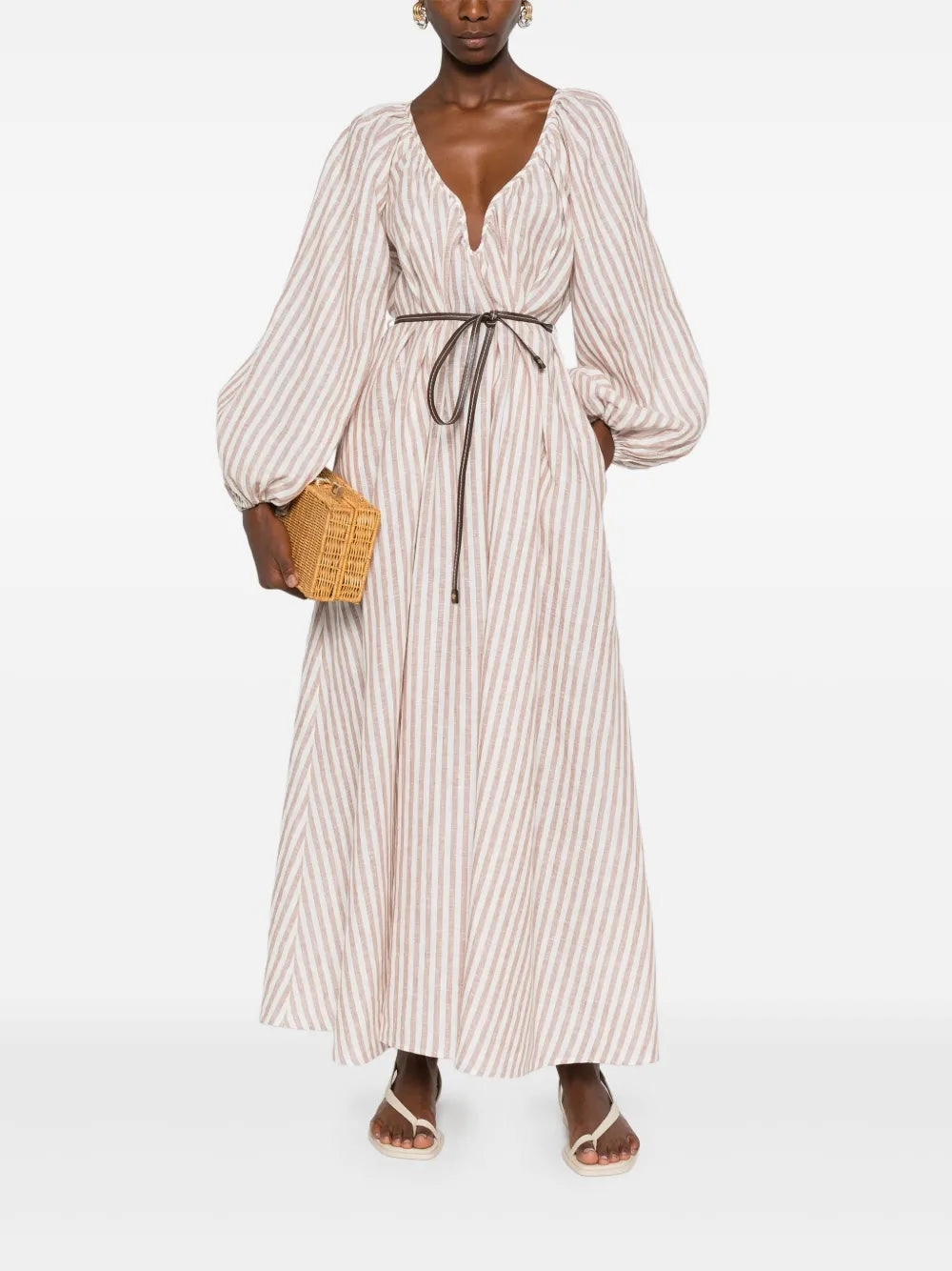 Evening Chic Air Move Casacadian Maxi Dress in Tan Stripe